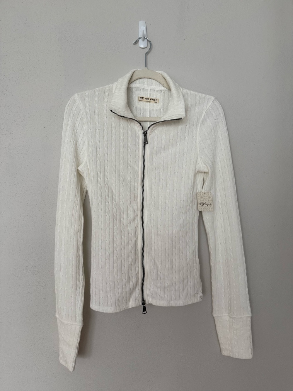 Free People Brand New - We The Free Cream Cable-Knit Zip Sweater